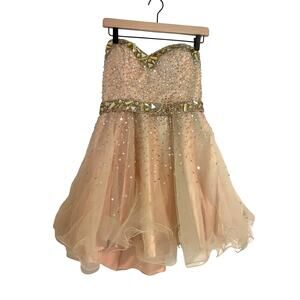 Dave & Johnny Beaded Strapless Tulle Party Prom Dress Gold Pink 9/10 (Medium)